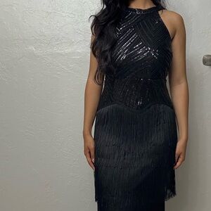 Chic Black Sequin Fringe Midi Dress